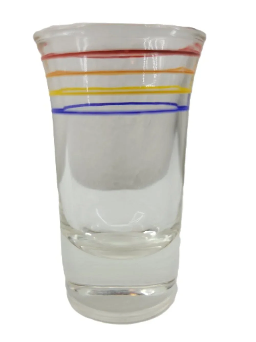 Vintage shot glass clear with orange red yellow blue stripes Mid-century Modern